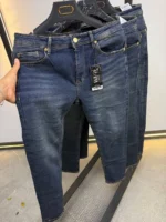 Men’s Dark Blue Slim Fit Stretch Jeans – Washed Denim – Image 14