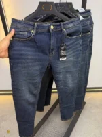 Men’s Dark Blue Slim Fit Stretch Jeans – Washed Denim – Image 6