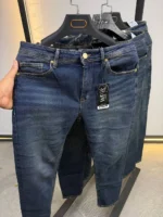 Men’s Dark Blue Slim Fit Stretch Jeans – Washed Denim – Image 9