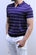 Men’s White Striped Knit T-Shirt – Slim Fit Casual Tee – Image 3
