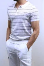 Men’s White Striped Knit T-Shirt – Slim Fit Casual Tee – Image 13