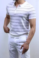 Men’s White Striped Knit T-Shirt – Slim Fit Casual Tee – Image 11