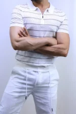 Men’s White Striped Knit T-Shirt – Slim Fit Casual Tee – Image 10