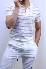 Men’s White Striped Knit T-Shirt – Slim Fit Casual Tee – Image 9