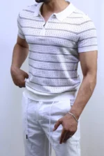 Men’s White Striped Knit T-Shirt – Slim Fit Casual Tee – Image 7
