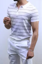 Men’s White Striped Knit T-Shirt – Slim Fit Casual Tee – Image 2