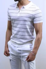 Men’s White Striped Knit T-Shirt – Slim Fit Casual Tee – Image 5