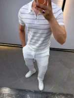 Men's Textured Vertical Stripe Knit Polo Shirt – Image 33