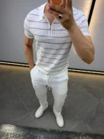 Men's Textured Vertical Stripe Knit Polo Shirt – Image 34