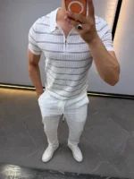 Men's Textured Vertical Stripe Knit Polo Shirt – Image 35