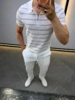 Men's Textured Vertical Stripe Knit Polo Shirt – Image 36