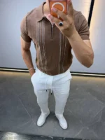 Men's Textured Vertical Stripe Knit Polo Shirt – Image 37