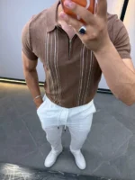 Men's Textured Vertical Stripe Knit Polo Shirt – Image 38