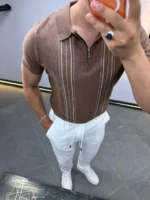 Men's Textured Vertical Stripe Knit Polo Shirt – Image 39