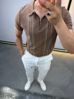 Men's Textured Vertical Stripe Knit Polo Shirt – Image 40