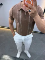 Men's Textured Vertical Stripe Knit Polo Shirt – Image 42