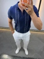 Men's Textured Vertical Stripe Knit Polo Shirt – Image 41