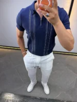 Men's Textured Vertical Stripe Knit Polo Shirt – Image 43