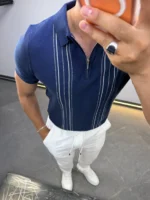 Men's Textured Vertical Stripe Knit Polo Shirt – Image 44