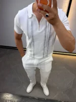 Men's Textured Vertical Stripe Knit Polo Shirt – Image 45