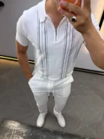 Men's Textured Vertical Stripe Knit Polo Shirt – Image 46