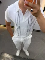 Men's Textured Vertical Stripe Knit Polo Shirt – Image 47