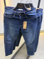 Men’s Dark Blue Slim Fit Stretch Jeans – Washed Denim – Image 4
