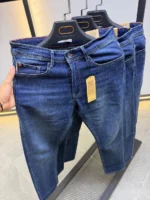 Men’s Dark Blue Slim Fit Stretch Jeans – Washed Denim – Image 6