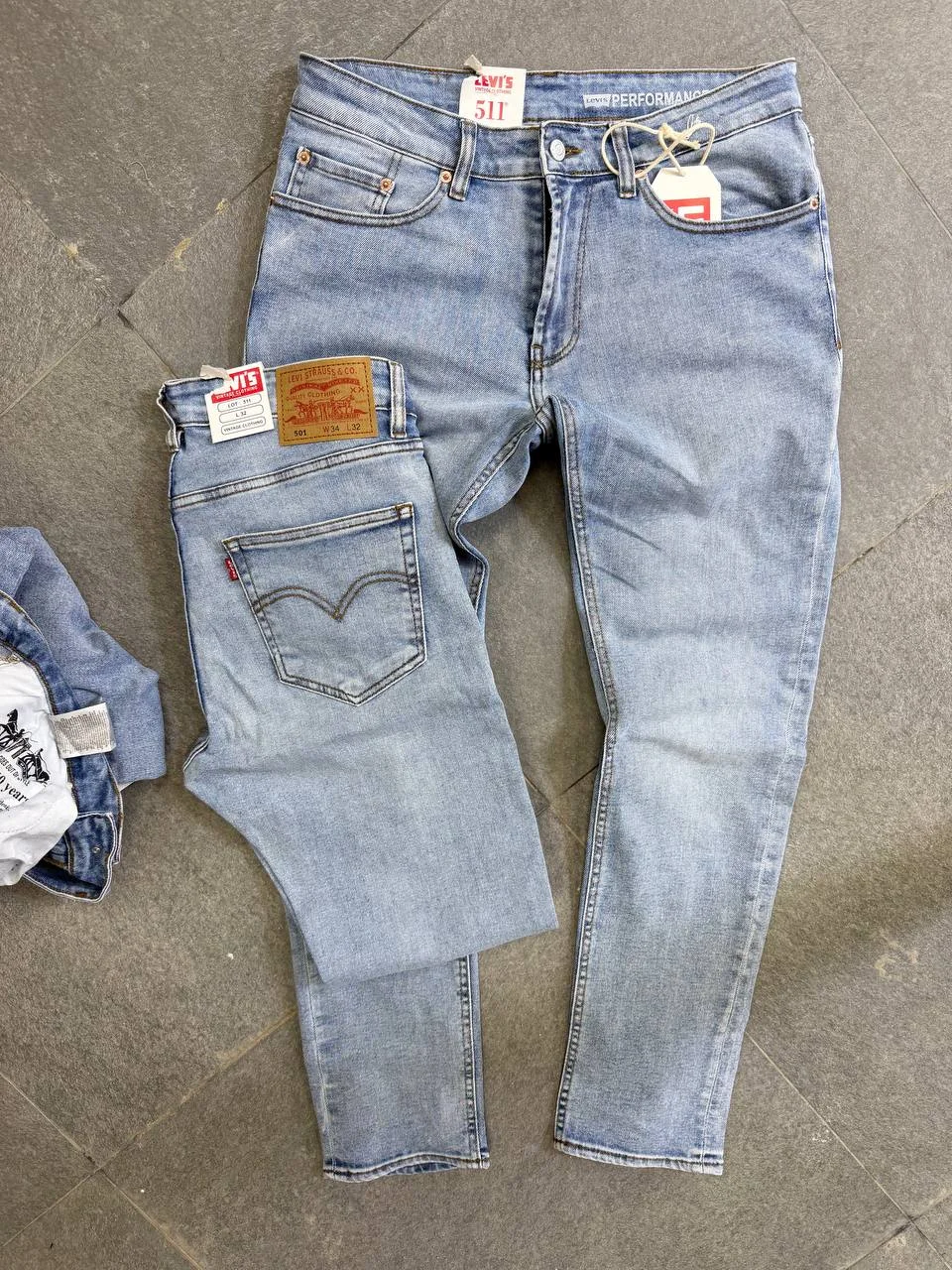 5802897595024740568 Men’s light Blue Slim Fit Stretch Jeans – Washed Denim – Image 1